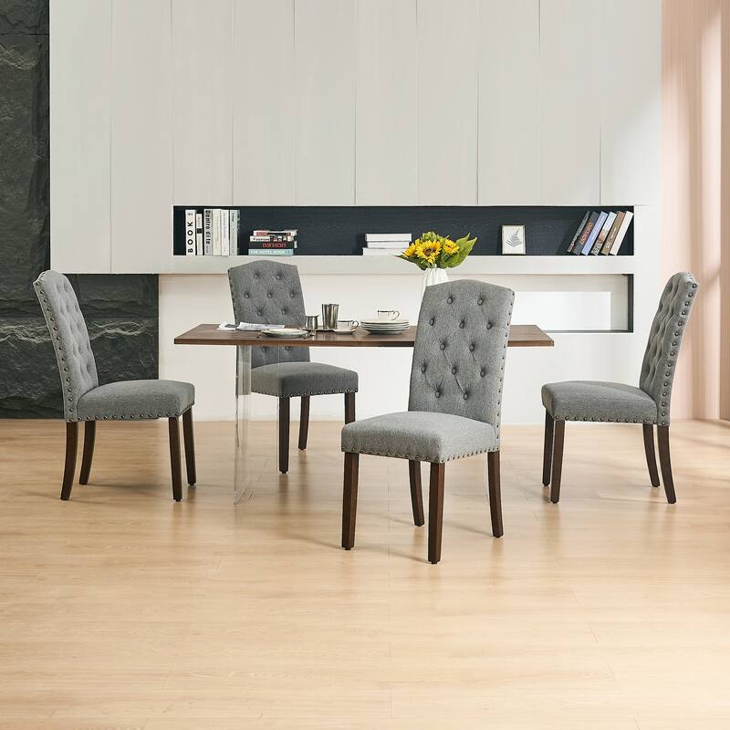 Fabric Upholstered Tufted Dining Chairs with Nailhead Trim Set of 4 - Grey