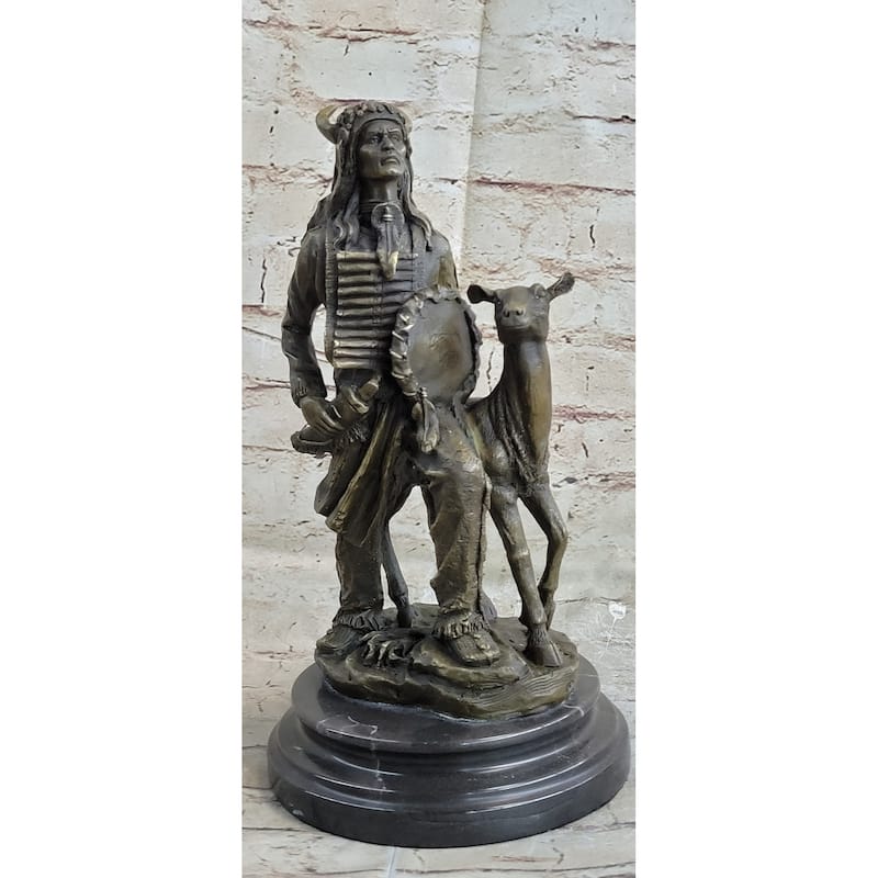 Native American Indian Shaman W/ Deer Bronze Statue Sculpture Figure 12 Inches X 6.5 Inches