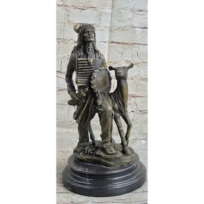 Native American Indian Shaman W/ Deer Bronze Statue Sculpture Figure 12 Inches X 6.5 Inches