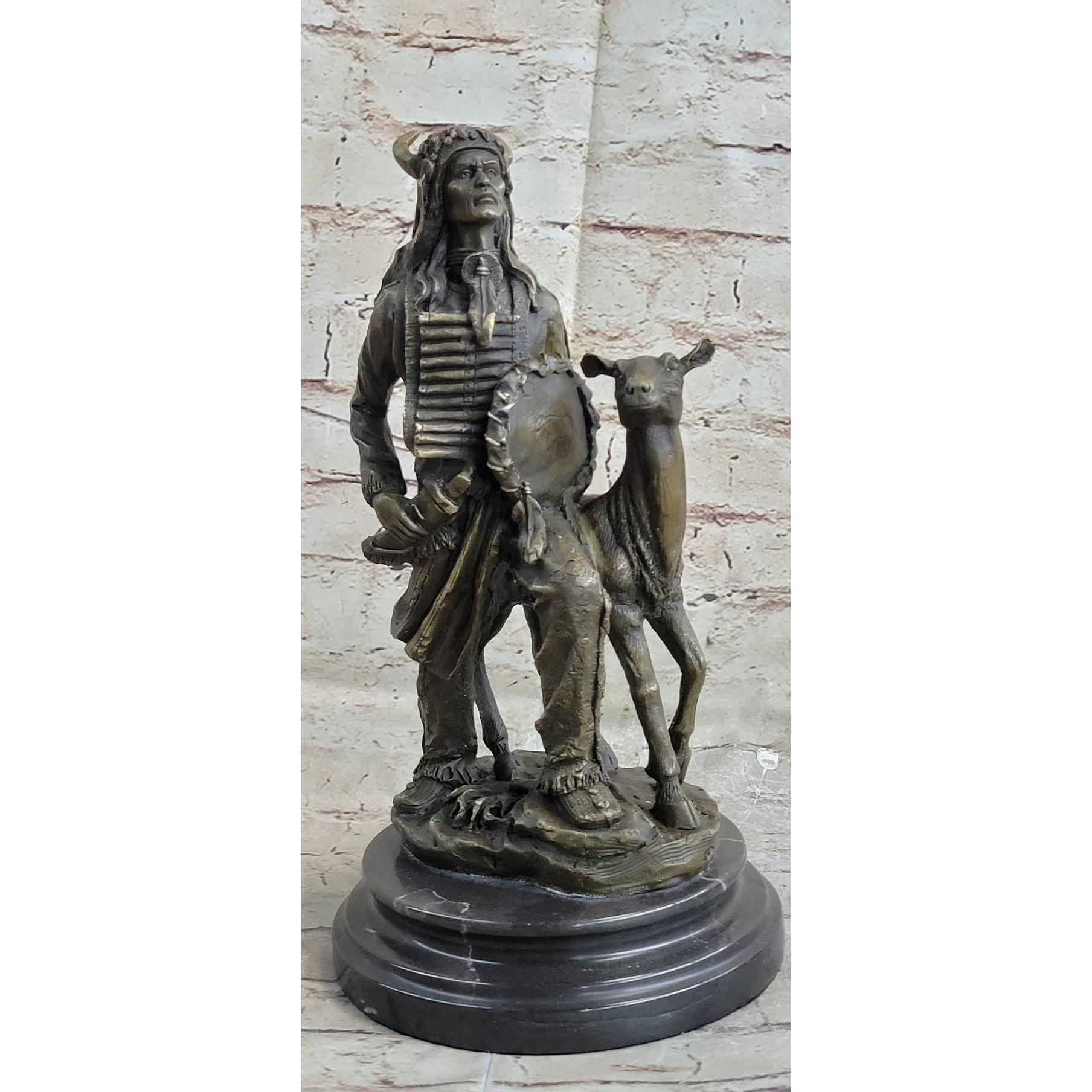 Native American Indian Shaman W/ Deer Bronze Statue Sculpture Figure 12 Inches X 6.5 Inches