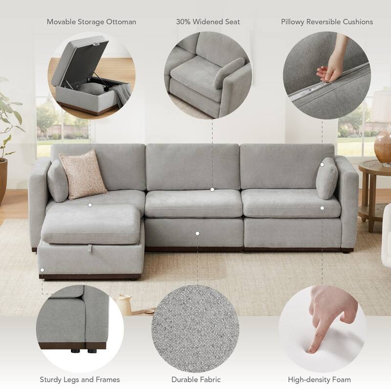 Mia L-Shape Fabric Wood Base Oversized Modular Sectional Sofa