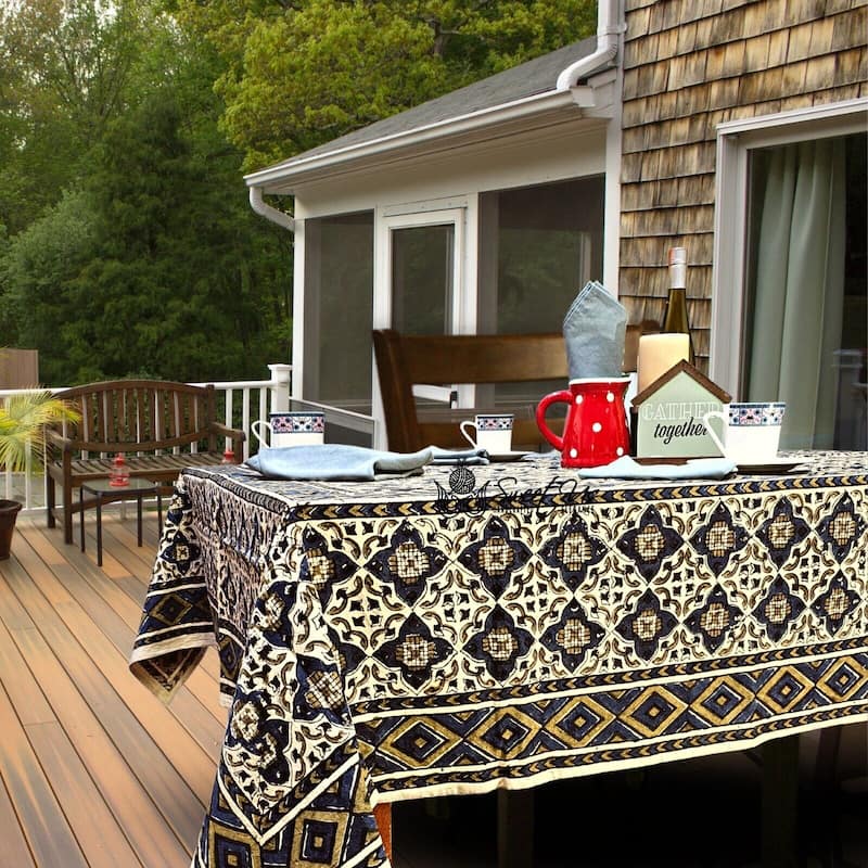 Vegetable Dyed Block Print Cotton Moroccan Tablecloth Collection - 60 x 60 in - Forest Twilight