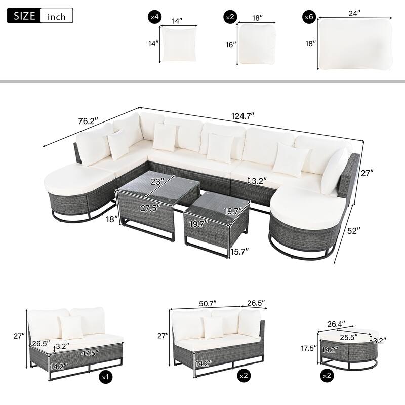 7-Piece Outdoor Wicker Sectional Sofa Set, All-Weather Patio Rattan Furniture Set with Coffee Table and Pillows