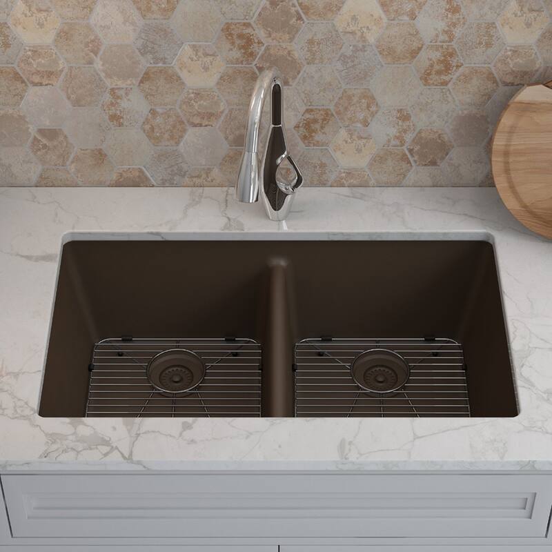 Lexicon Platinum 32" Quartz 50/50 Double Bowl Sink with Grids & Drain