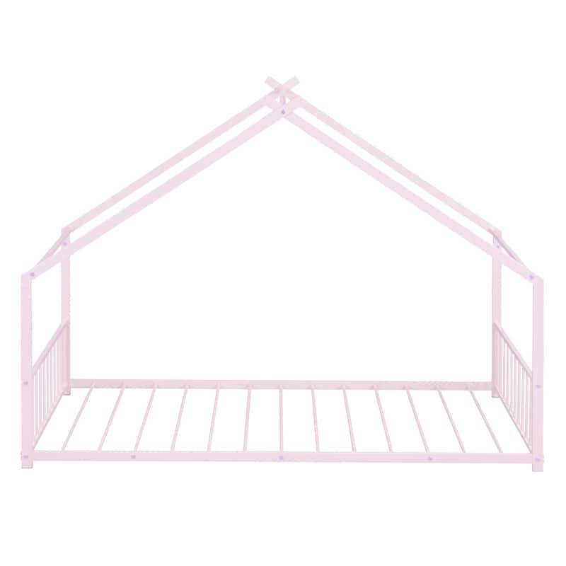 Metal House Bed with Roof, Fence, and Back