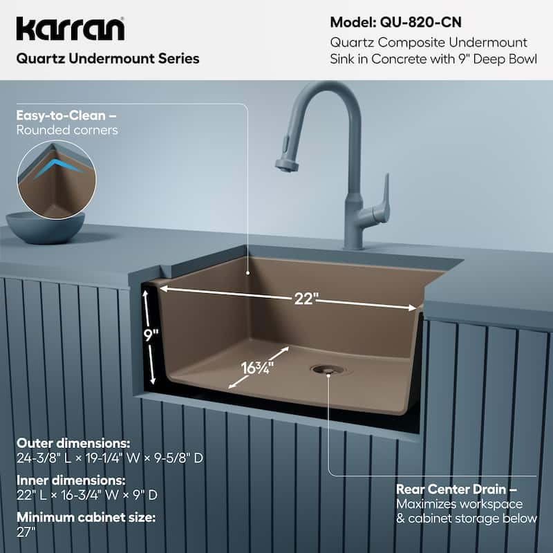 Karran Undermount 24.38 in Single Bowl Quartz Kitchen Sink