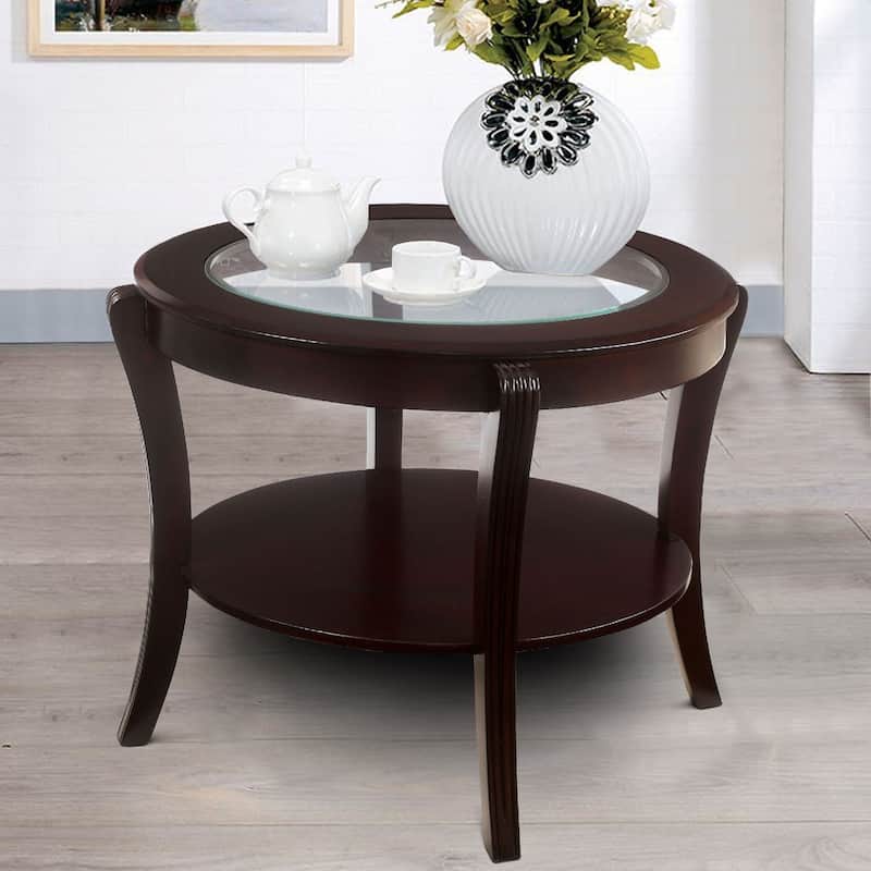 28 in. Brown Round Glass End Table, Sturdy Build End Side Table for Living Rooms