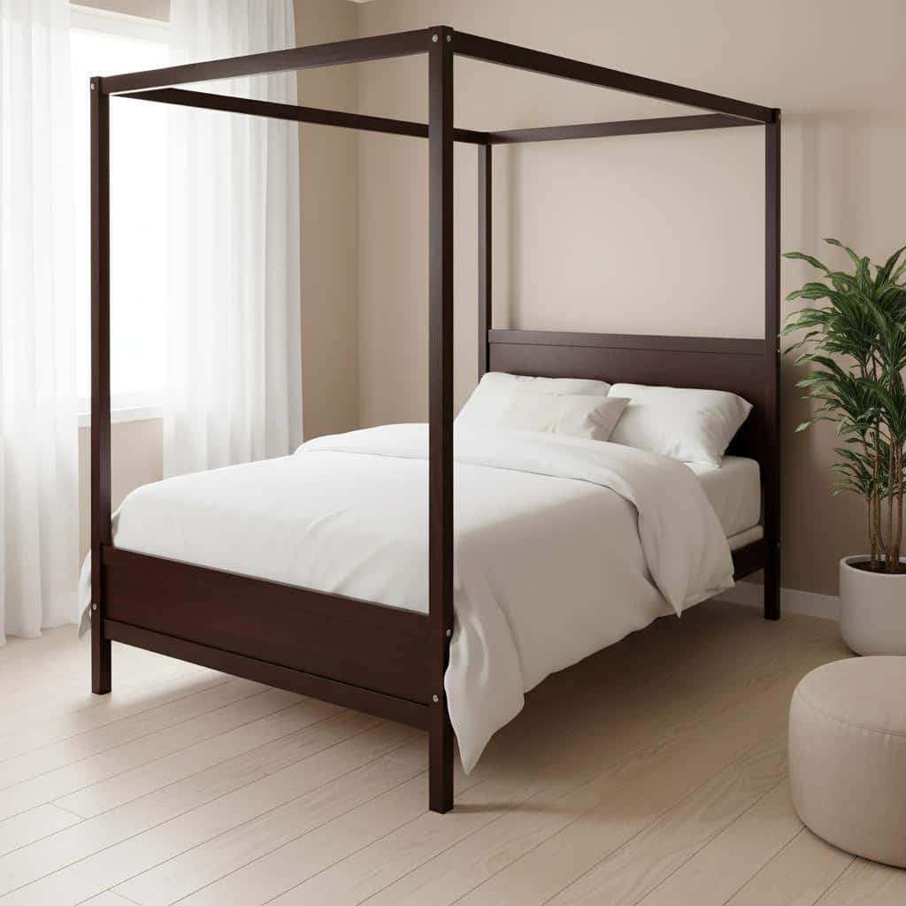 HomeRoots Espresso Inlaid Panels Wood Queen Canopy Bed