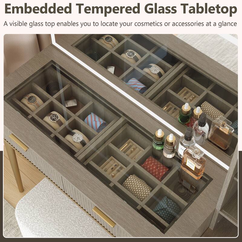 Modern Fluted Makeup Vanity Desk with Lighted Mirror, Dressing Table