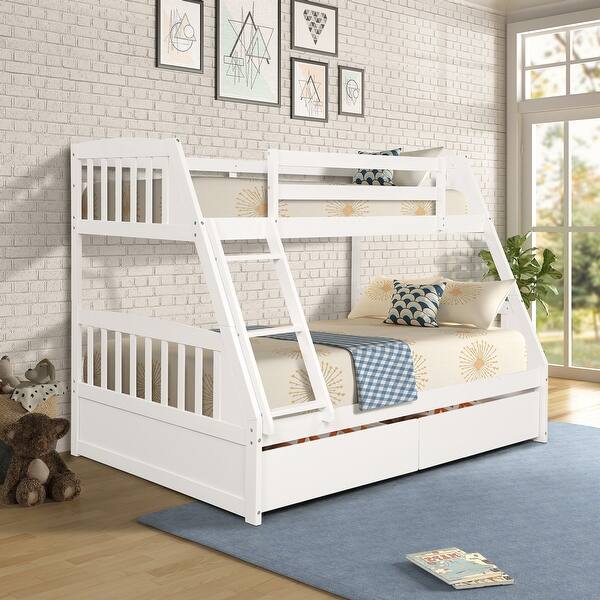 slide 2 of 17, Twin over Full Solid Wood Bunk Bed with Storage Drawers and Ladder White