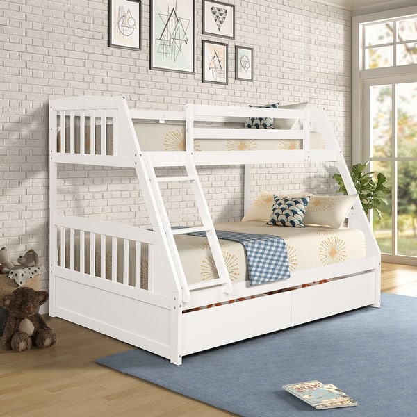 slide 2 of 9, White Twin Over Full Solid Wood Bunk Bed with Two Storage Drawers, Removable Ladder, Guard Rails White