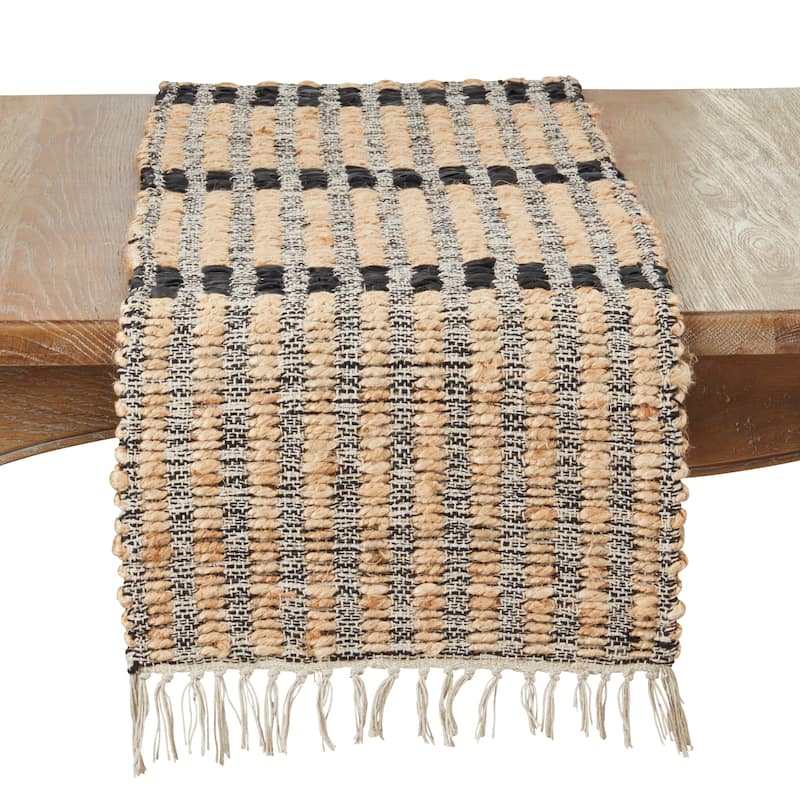 Textured Bold Stripe Fringe Table Runner - 16"x72" - Black/Natural - 16"x72"