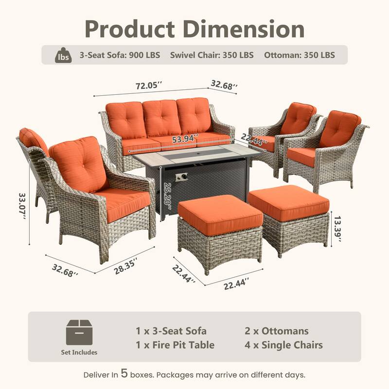 HOOOWOOO 8-piece Wicker Patio Ergonomic Conversation Set with 54" Fire Pit