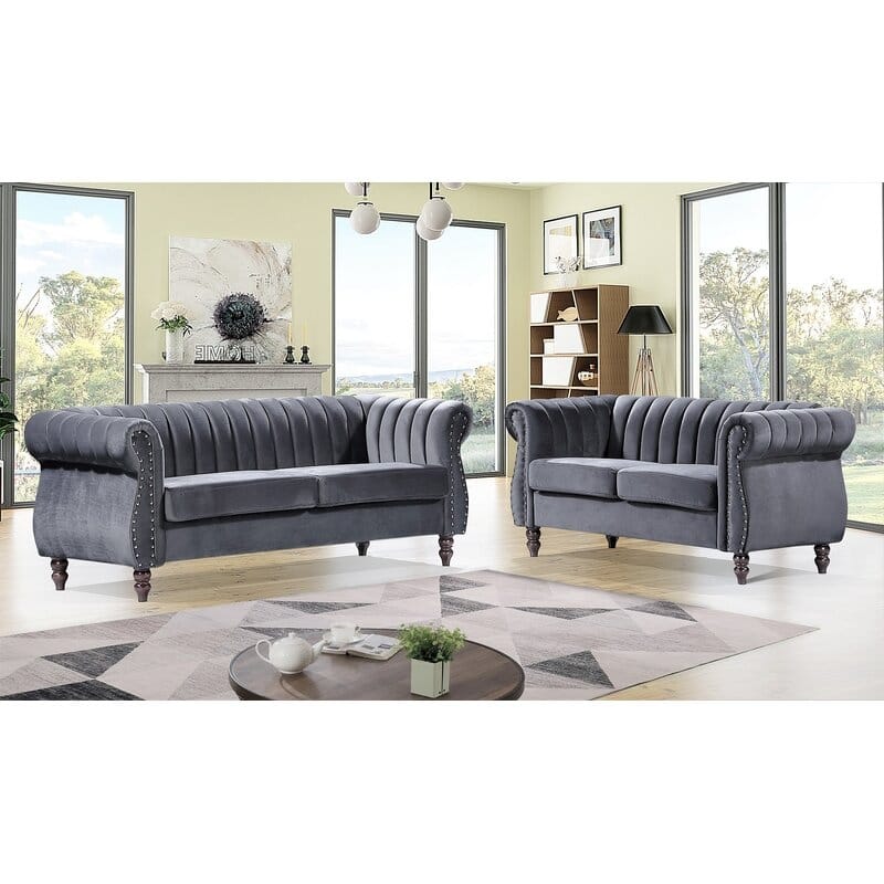 Capucina 2-piece Velvet Living Room Sofa Set - Grey