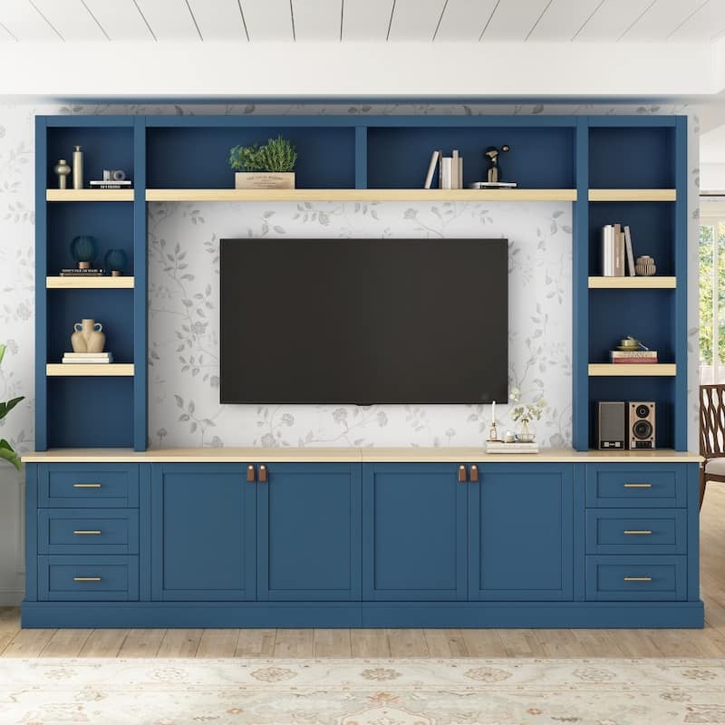 102.3" Farmhouse 4-Piece Entertainment Center Wall Unit with Adjustable Shelves,6 Drawers -  Navy Blue