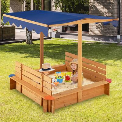 Kids Wooden Sandbox w/ Canopy & 2 Bench Seats Bottom Liner