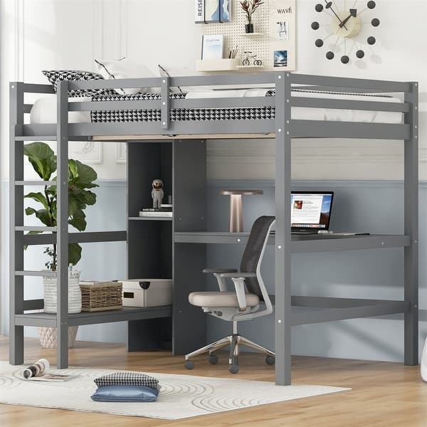 slide 2 of 24, Full Size Loft Bed with Bulit-in Desk and Multifunction Storage Shelves, Wooden Loft Bedframe with Ladder and Guardrail Grey