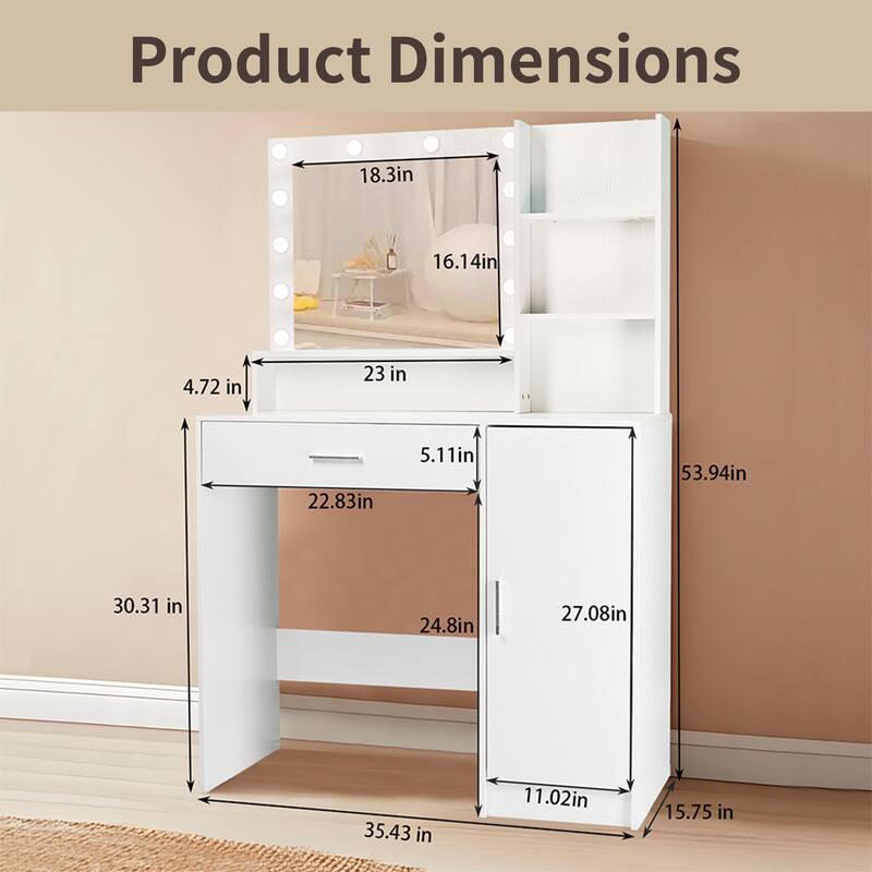 Makeup Vanity w/ Open Shelves, 3 Lighting Modes Adjustable Brightness
