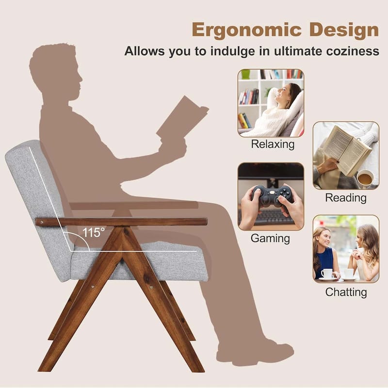 Modern Accent Chair Linen Fabric Armchair w/ Wood Frame Cushions