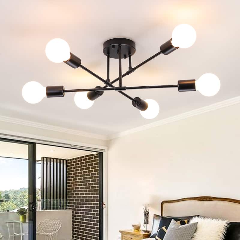 6-Light Dimmable Semi Flush Mount Chandelier for Living Room Bedroom - Black