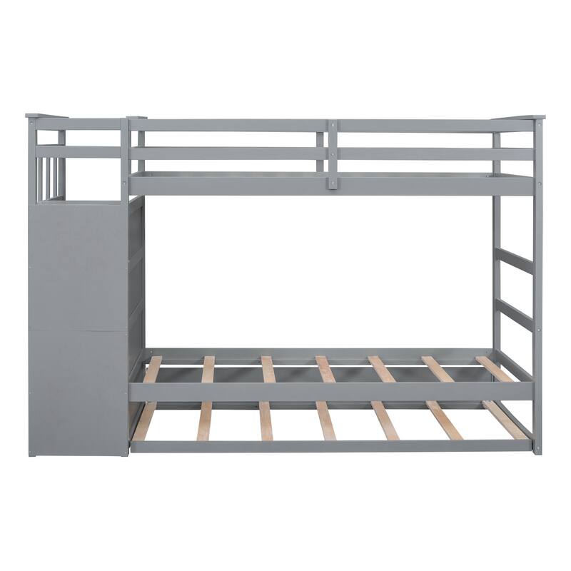 Twin Over Twin Bunk Bed with Trundle and Staircase, Gray