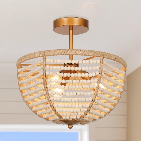 slide 2 of 9, Renia Farmhouse Coastal 3 Lights Semi-flush Mount Lighting Antique Gold Beads Chandelier - D 14'' x H 13.7'' D 14'' x H 13.7'' - White Wood Beads
