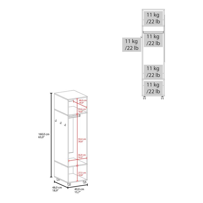 18.9" Modern Armoire with 3 Shelves, 1 Full-Length Mirror and 4 Wheels for Bedroom
