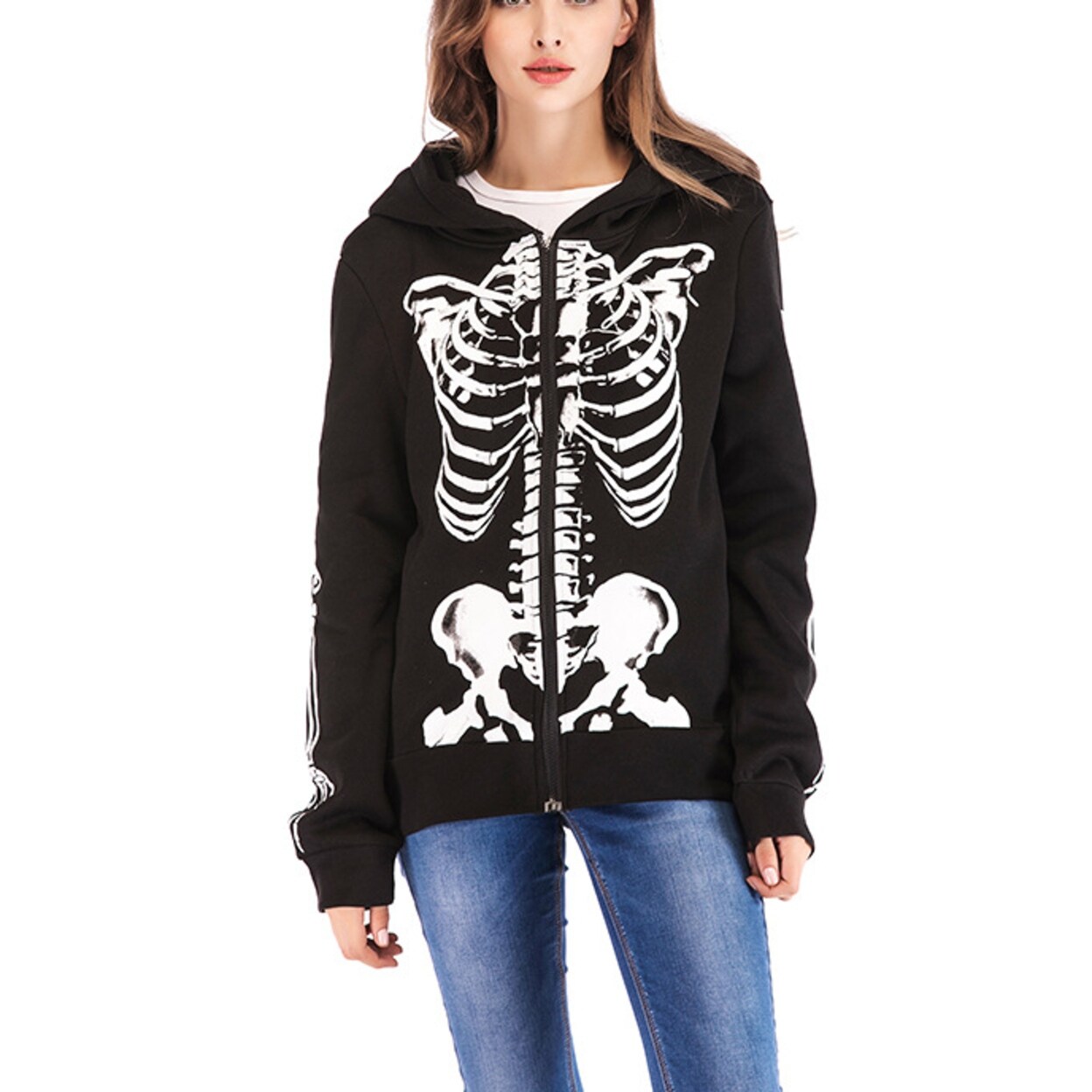 Shop Women Hoodies Zipper 3d Printing Hooded Skull Sweatshirts