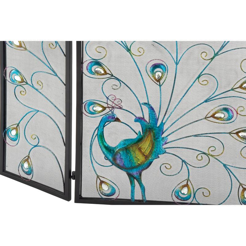 Blue Metal Rainbow 3 Panel Peacock Fireplace Screen with Crystal Accents and Black Frame