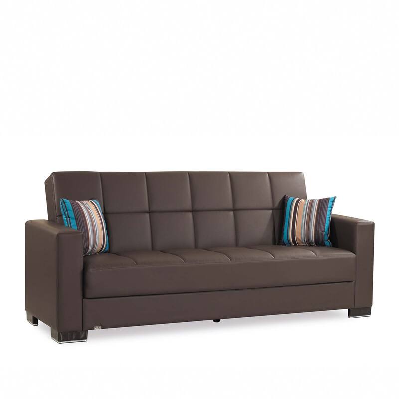 HomeRoots 87" Brown Faux Leather Convertible Futon Sleeper Sofa And Toss Pillows With Storage