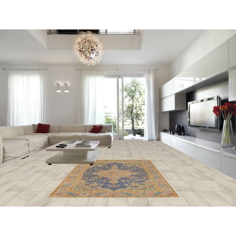 Hand Knotted Oriental 100% Wool Carpet Traditional Floral Navy Blue & Blues Tabriz Area Rug - 9' 10'' X 6' 7''