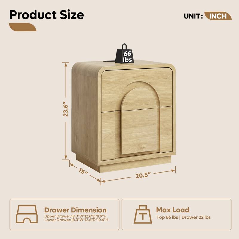 Bestier Nightstand with Charging Station, Modern LED End Tables with 2 Drawers, Boho Bedside Table with Storage for Bedroom