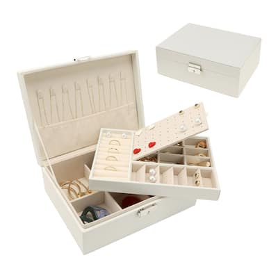 2 Layer Jewelry Box for Girl Women Birthday Gifts, PU Leather Jewelry Organizer Case Storage with Drawer, Removable Jewelry Tray