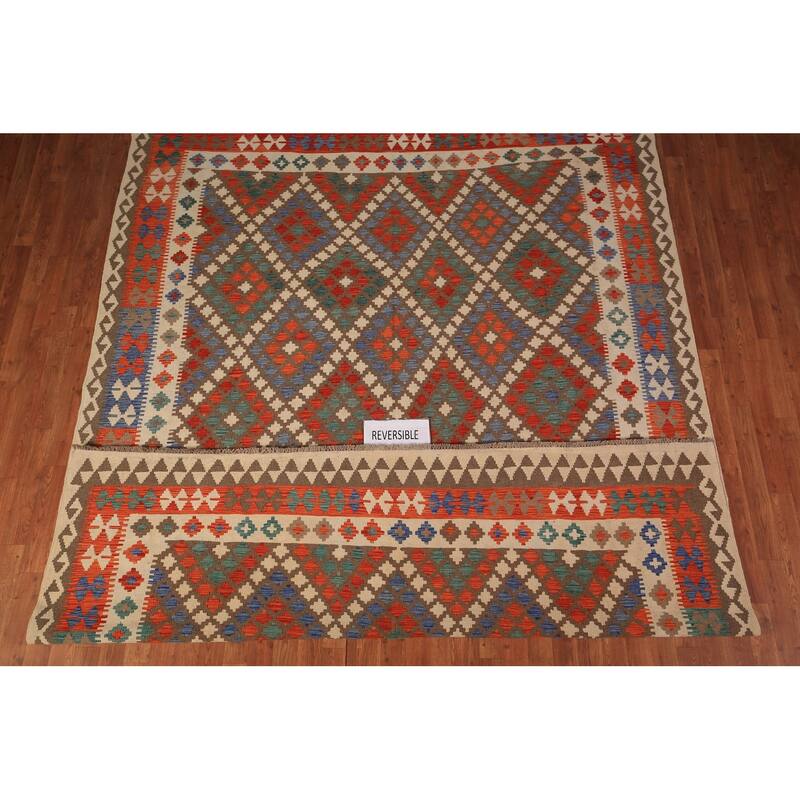 Reversible Geometric Kilim Area Rug Hand-Woven Wool Carpet - 8'2" x 10'5"