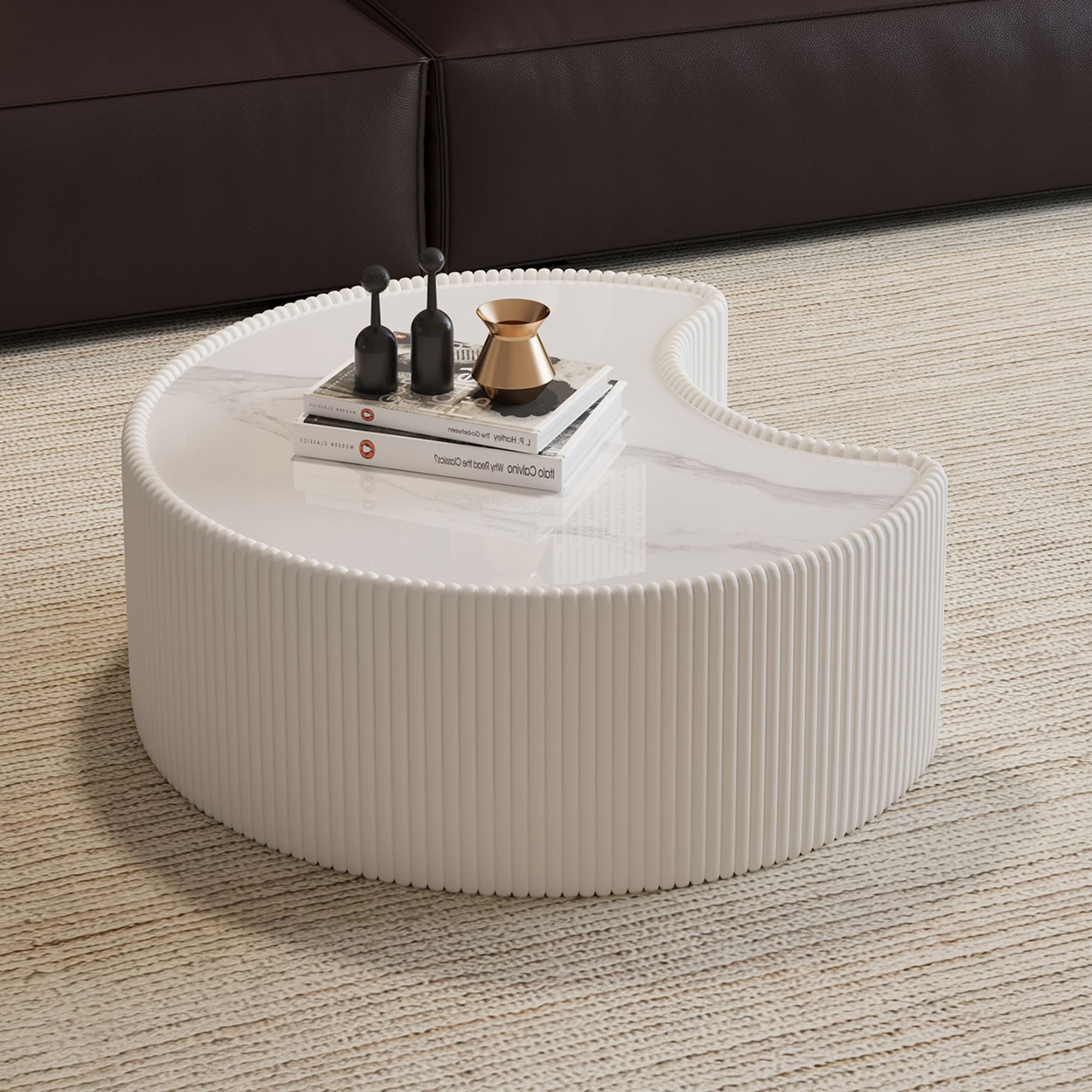 Cream White Curved Center Table Coffee Table Side Table for Living Room, Minimalist Sofa Table End Table