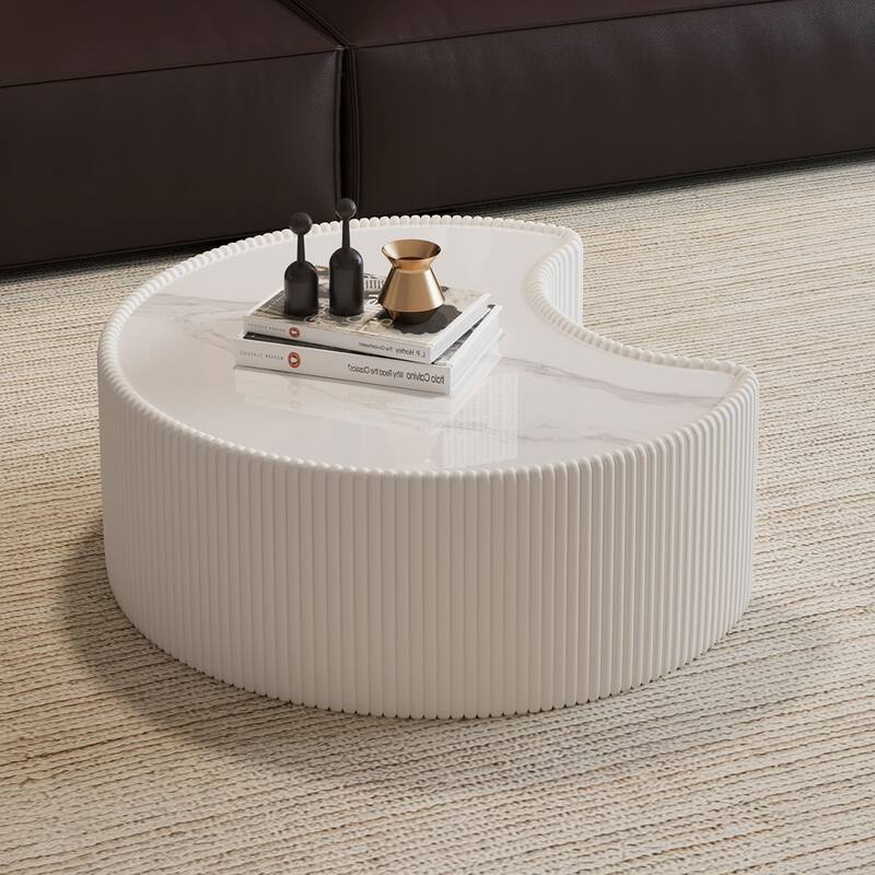 Stylish Modern Coffee Table with Light Sintered Stone Top, Irregular Accents Table, Sofa Side Table with Faux Leather Frame