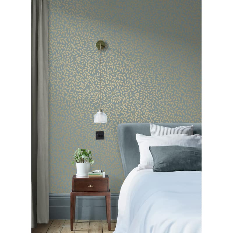 Graham & Brown Gilded Leaf Sky Blue & Pale Gold Wallpaper