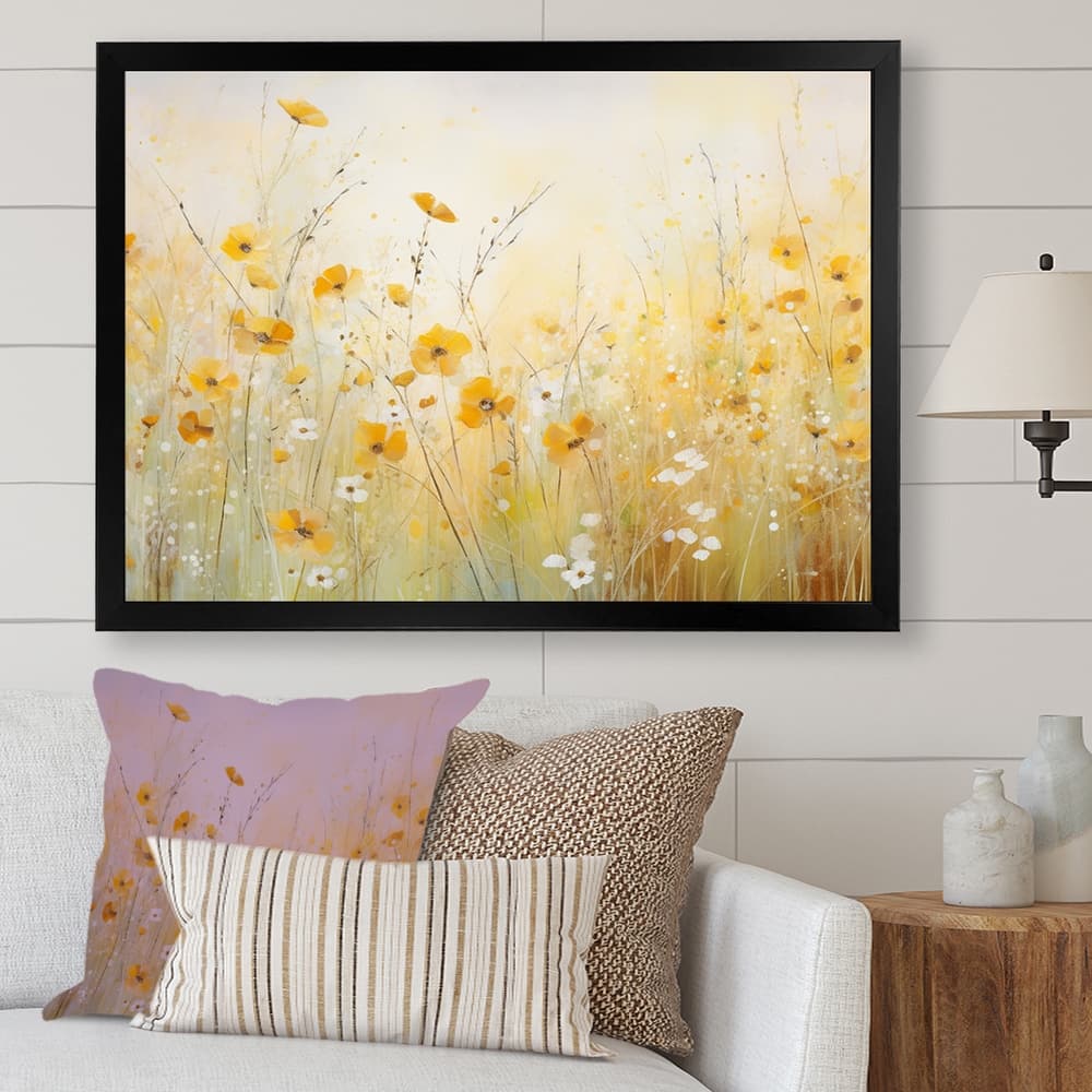 Designart "Blooming Yellow Poppy Flowers In The Meadows" Poppies Framed Canvas Art Print