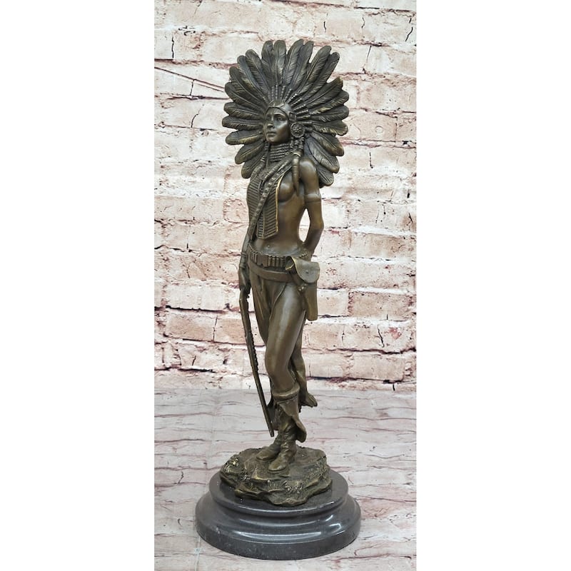 Female Native American Indian Warrior In Feathered Headdress Bronze Statue Sculpture Figure