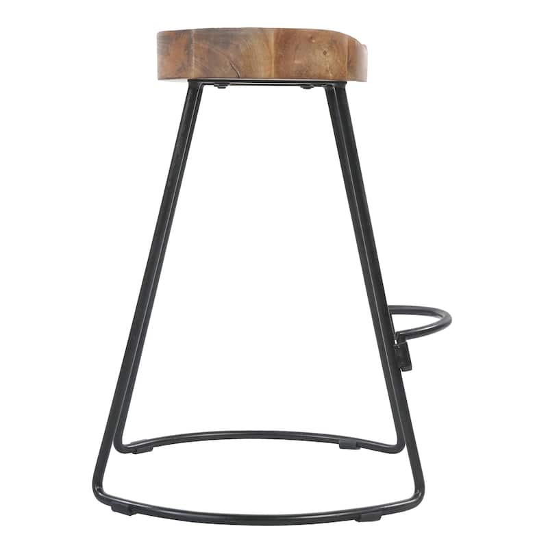 Ela 24 Inch Counter Height Stool, Mango Wood Saddle Seat, Iron Frame, Brown and Black