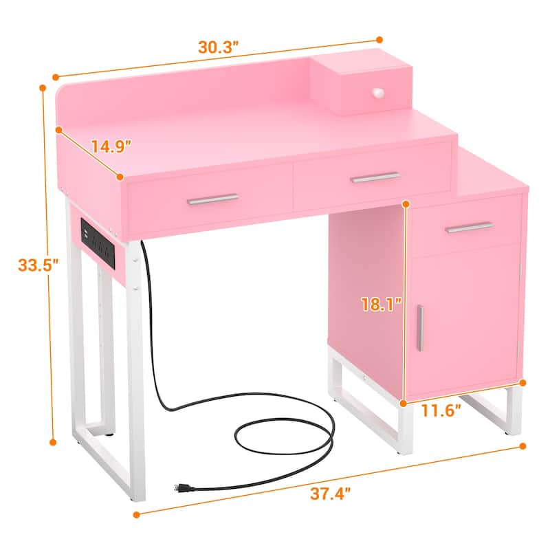 Reversible Makeup Vanity Desk With Charging Station and 4 Wooden Drawers and 1 Cabinet