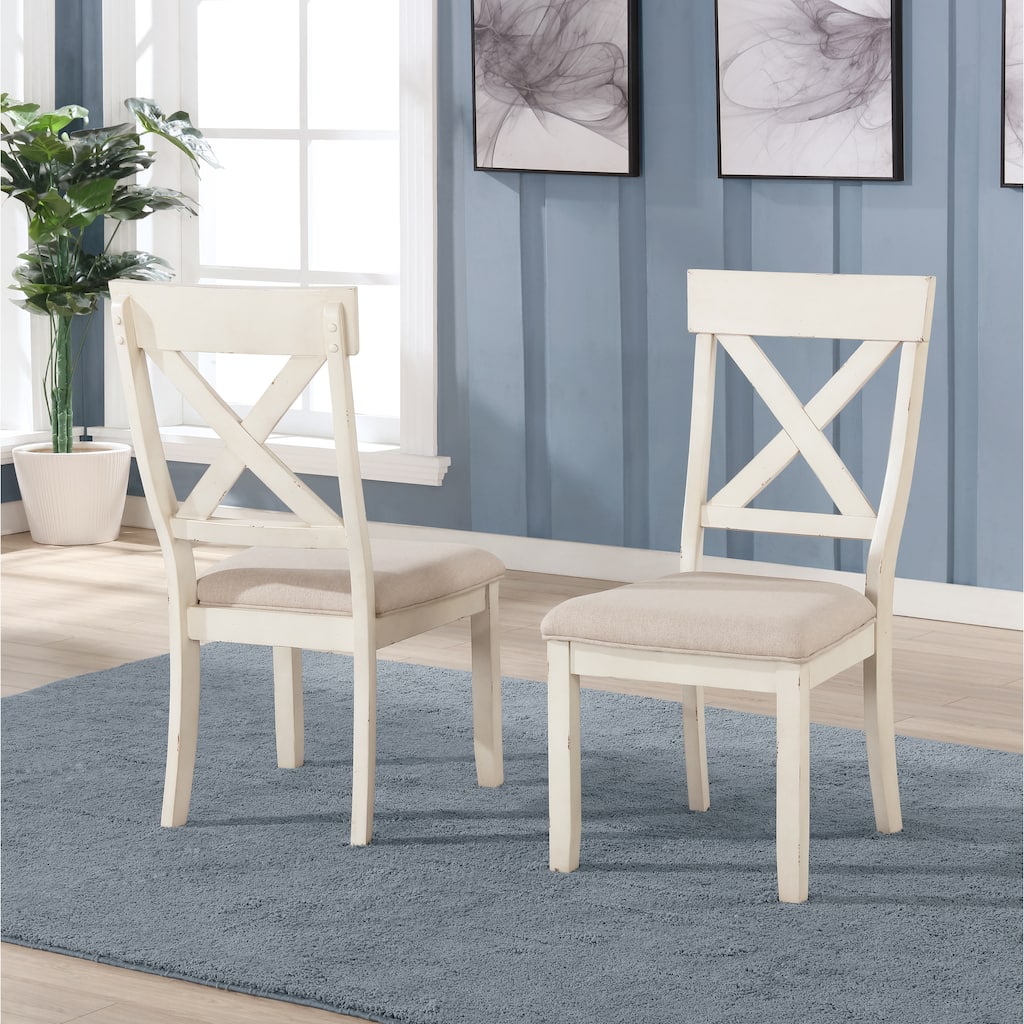 Modern Cross-Back Dining Chairs with Fabric Upholstered Seat and Rubberwood Legs, for Dining Rooms, Set of 2, Antique White