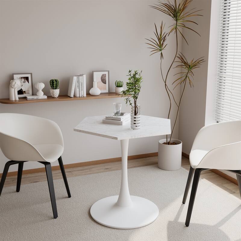 31.50" Modern Hexagonal Coffee Table with White Printed Marble Top and Metal Base for Dining Room, Kitchen and Living Room - White Marble