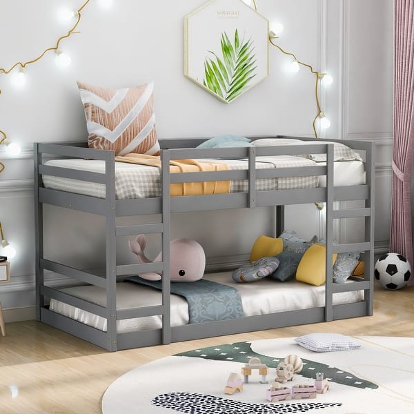 slide 2 of 36, Sturdy Twin over Twin Pine Wood Bunk Bed with Built-in Ladder and Guardrail - Solid Wood Slats Support Twin over Twin - Gray