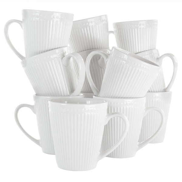 Elama Madeline 12 Piece Porcelain Mug Set in White. Opens flyout.