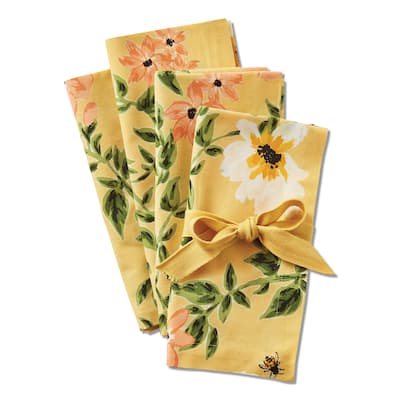 Bee Floral Napkin Set Of 4 Yellow Cotton 20" X 20" Machine Washable Dinner Cloth Napkin - 20 x 20
