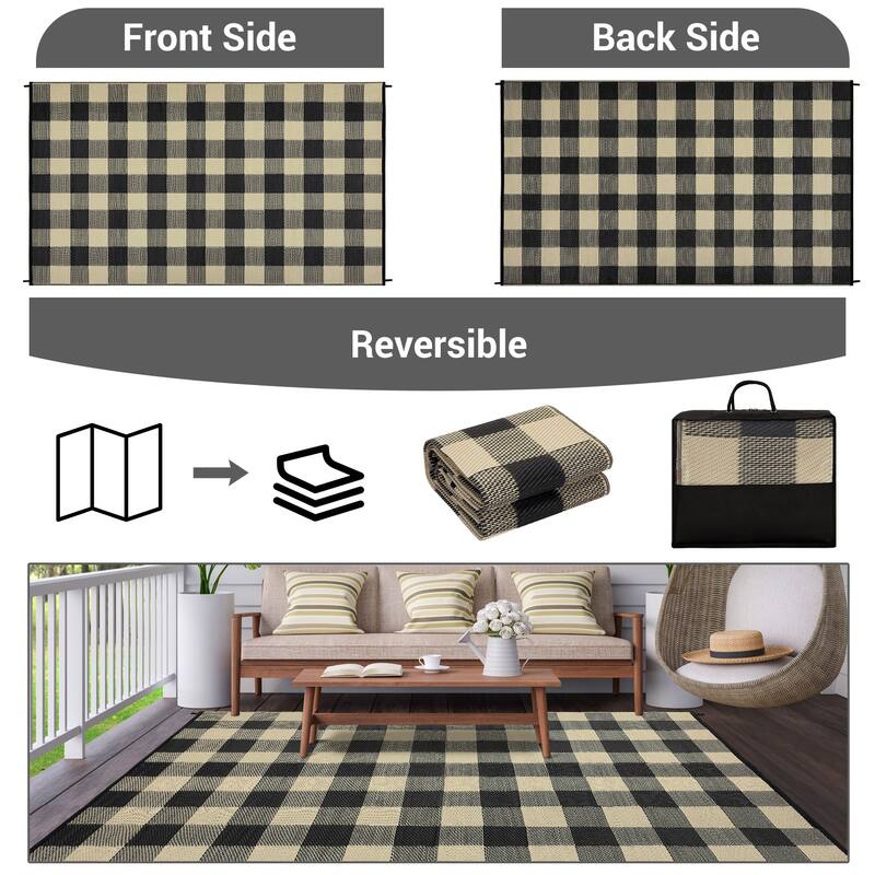 Outdoor Rug Waterproof Reversible Rug Indoor Outdoor Plaid Area Rug Plastic Straw Rug for Camping RV Backyard Patio