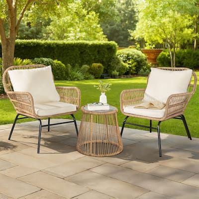 3-Piece Boho Outdoor Patio Furniture Set, Wicker Conversation Bistro Set with 2 Rattan Chairs and Coffee Table