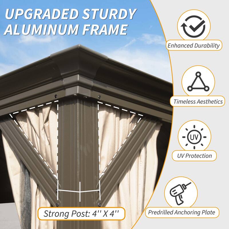 14' X 20' Hardtop Gazebo with Drainage System, Galvanized Steel Roof, Curtains & Netting, Outdoor Shelter for Patio, Garden
