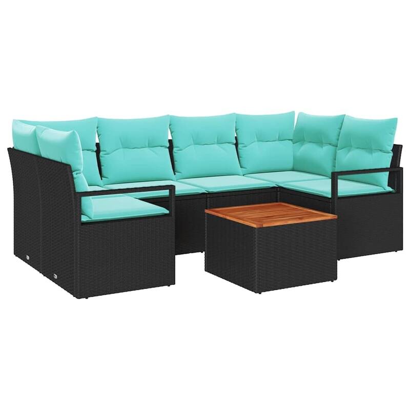 vidaXL 7 Piece Garden Sofa Set with Cushions Black Poly Rattan Acacia - 92.1×48×27.2